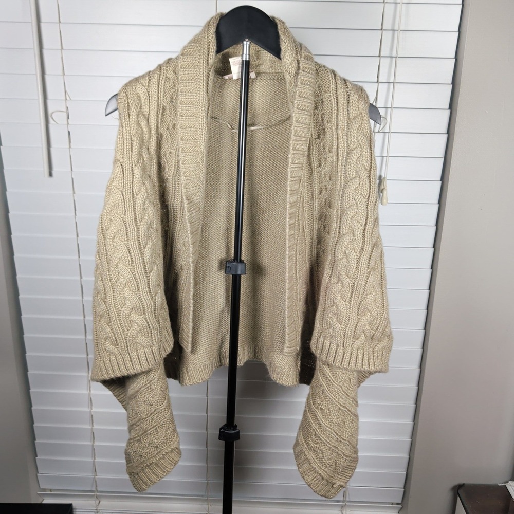 Loft Cardigan Vest Women M Tan Cable Knit Open Front Shawl Collar Excellent